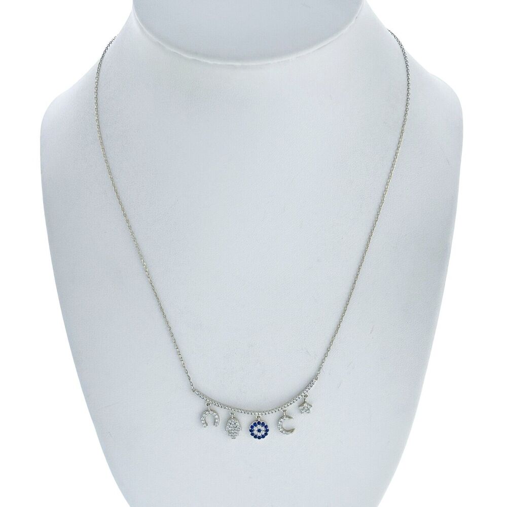 Vintage Sterling Silver 925 Evil Eye Hamsa Crystal Charm Necklace 16"-18"